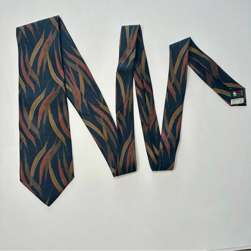 Vintage SERICA Black & Earth Toned Organic Pattern Classic Italian Silk Tie,
